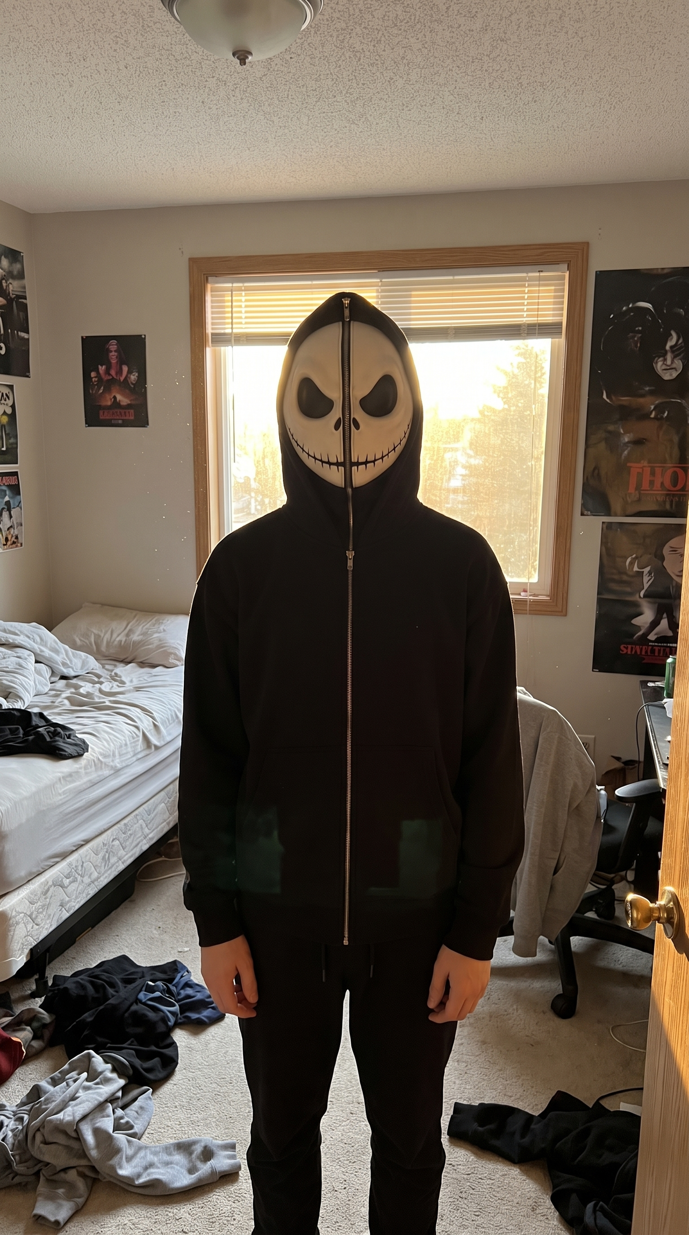 Customer wearing Jason Voorhees horror hoodie in bedroom